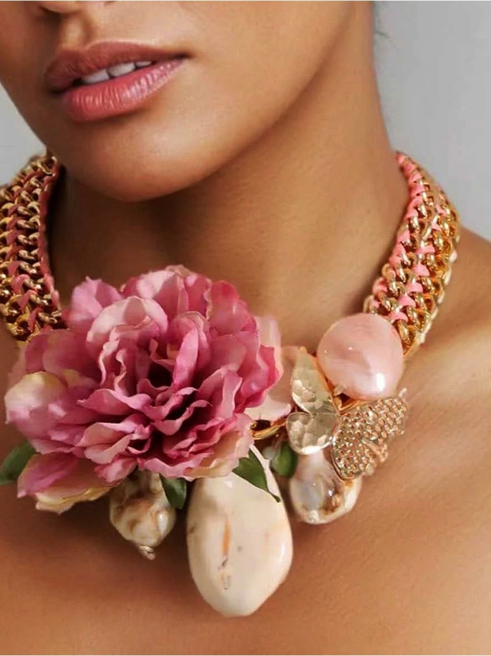 Statement Pink Floral Chain Necklace - Women Jewelry